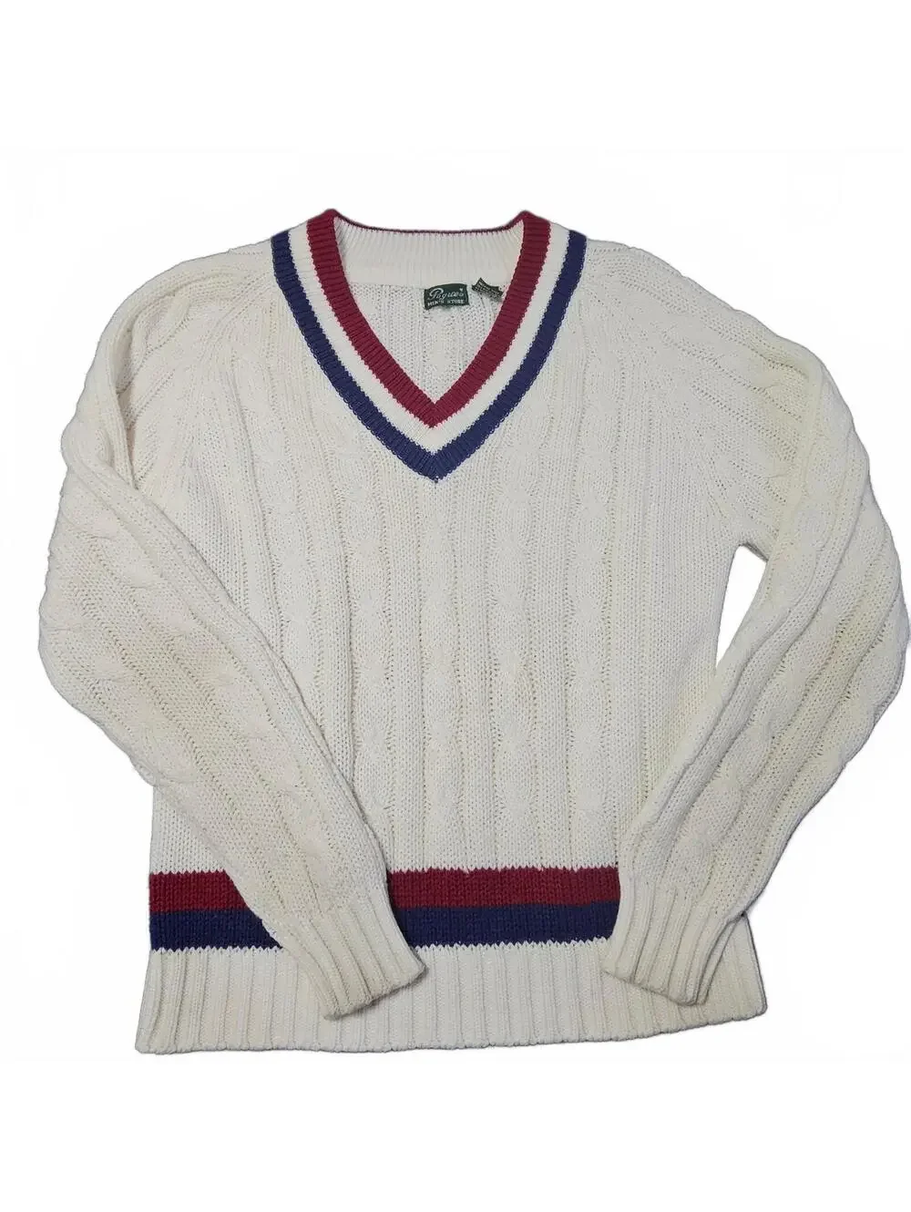 Vintage Pogue's Menstore Small 1970s Cable Knit Sweater Red White Blue Preppy